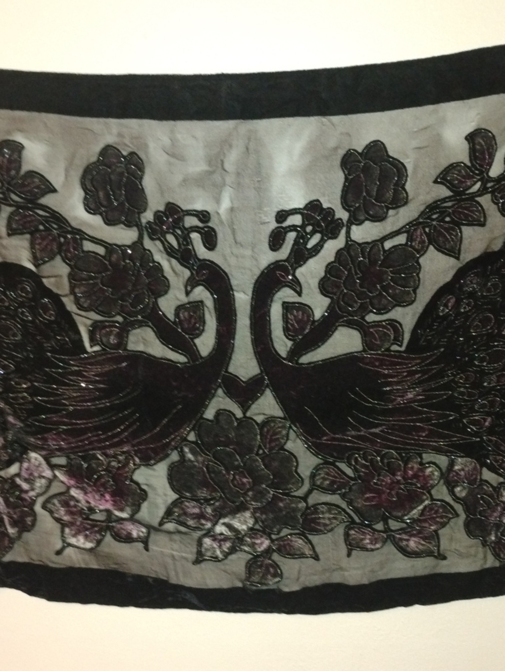 Embellished Velvet Peacock Wrap - Black and Deep Plum withGlitter Accent